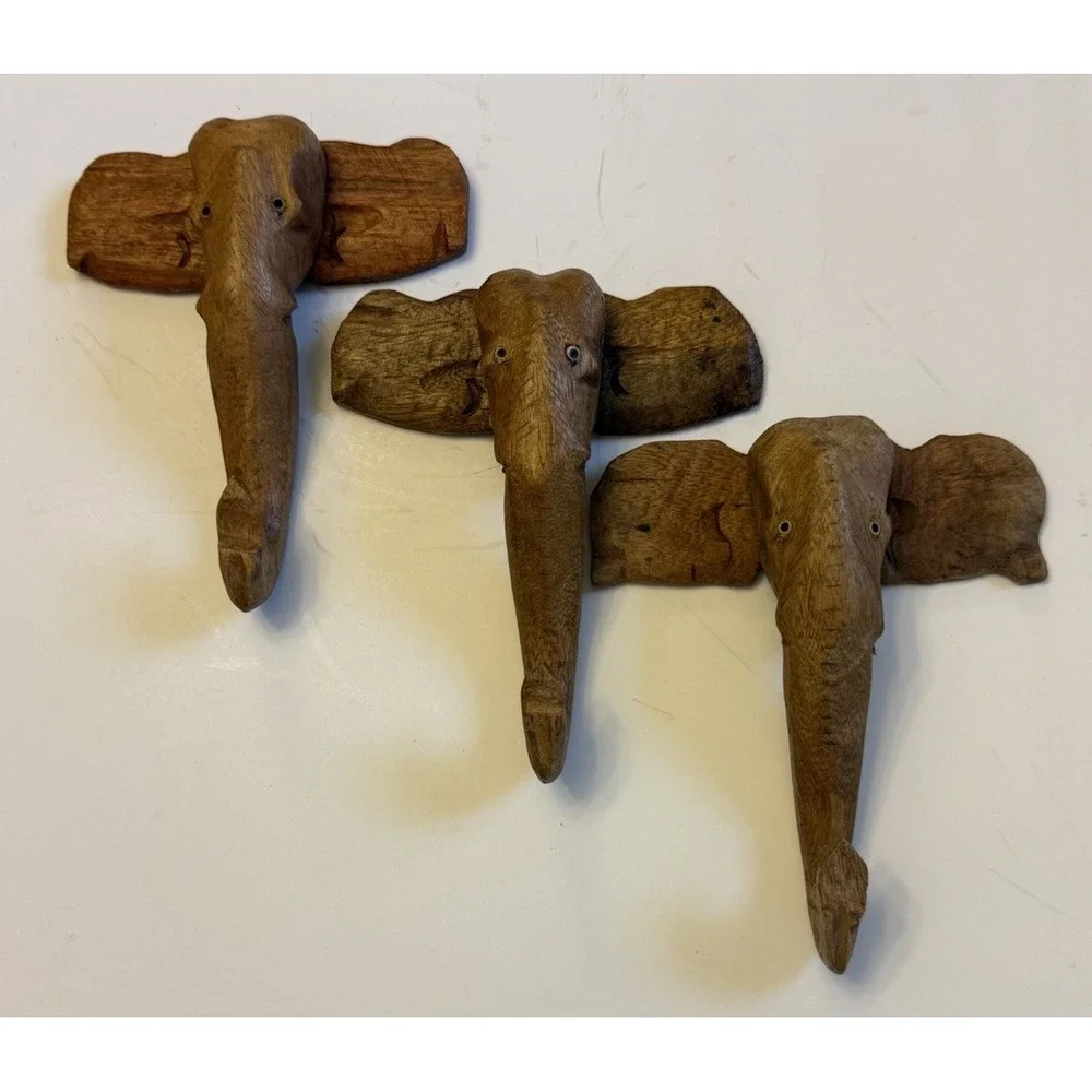 Vintage India Hand Carved Wooden Elephant Wall Hooks Set Of 3